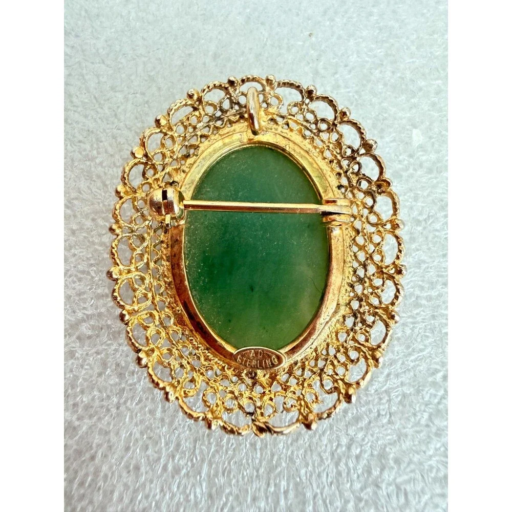 Vintage 1960s Karen Lynne Sterling Silver Gold Vermeil Green Jade Filigree Brooc